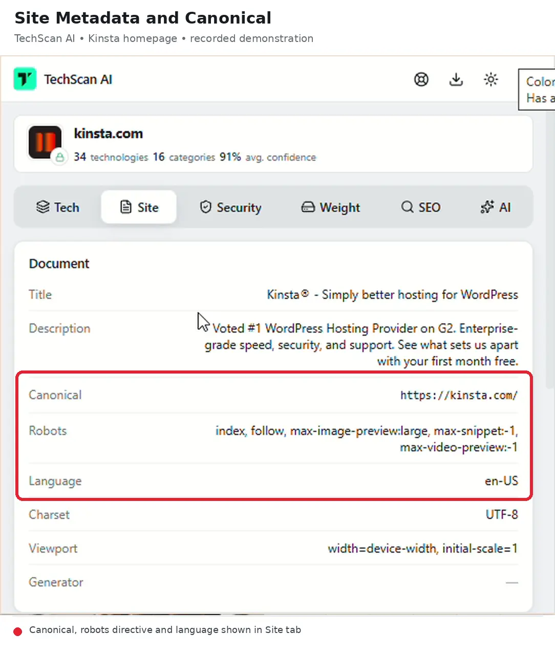 TechScan AI Site tab showing the title, meta description, canonical URL, robots directives and language