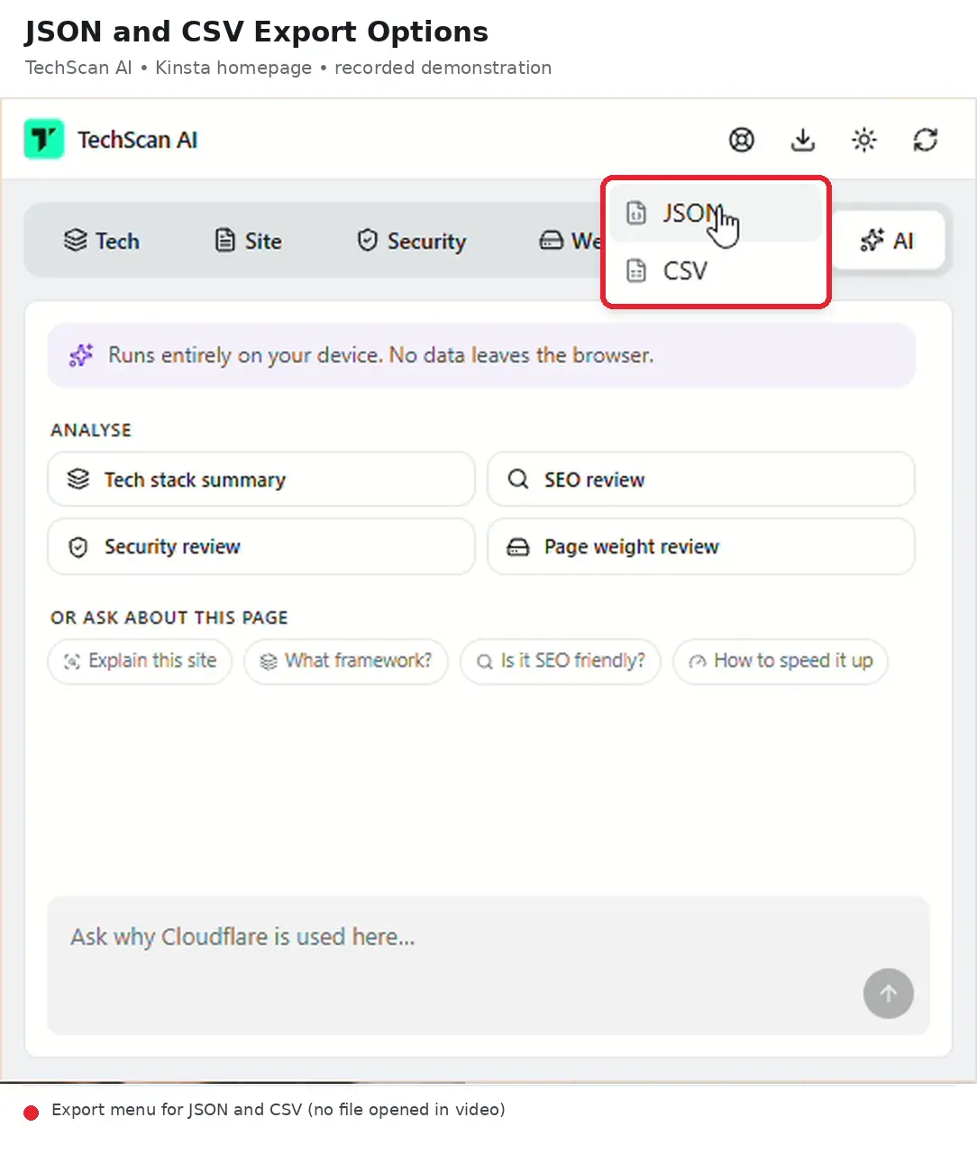 TechScan AI export menu with JSON and CSV options