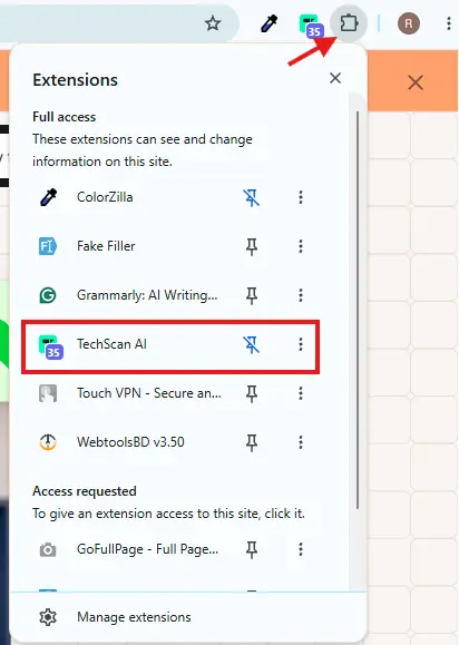 Chrome Extensions menu showing the TechScan AI extension highlighted as an option to open