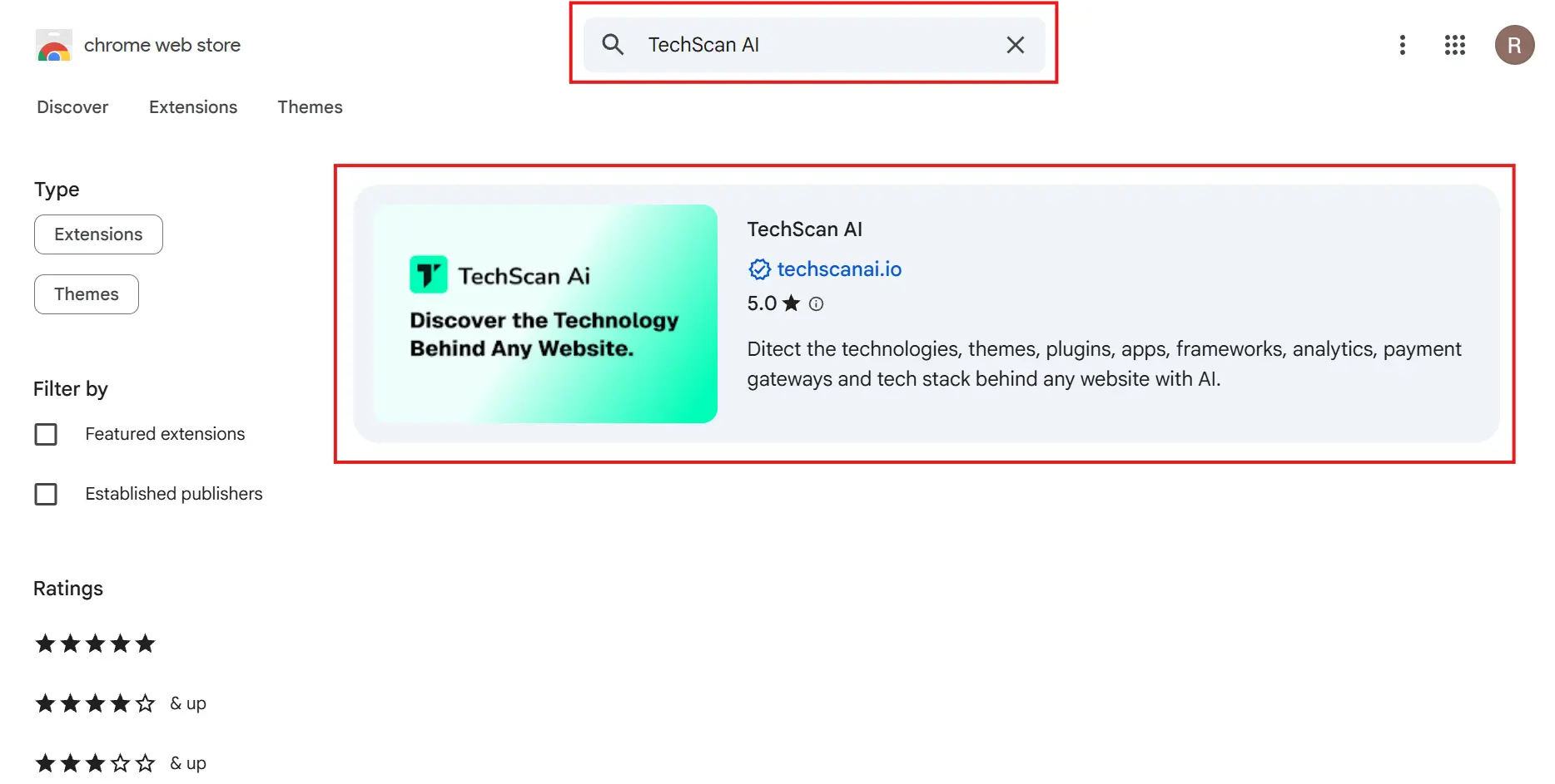 Chrome Web Store search results with TechScan AI highlighted