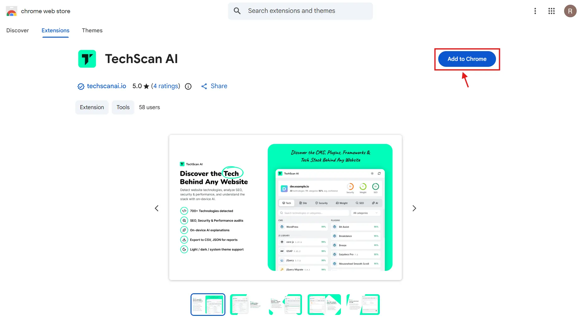 TechScan AI Chrome Web Store listing with Add to Chrome button highlighted