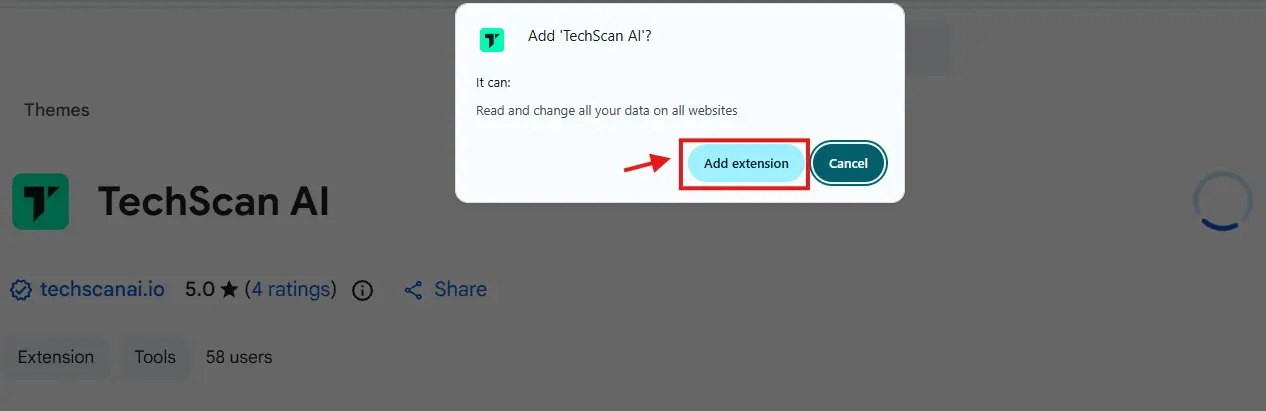Chrome permission dialog for TechScan AI showing the Add extension confirmation button