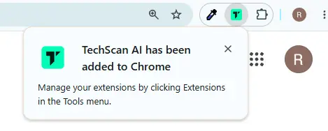 Chrome notification confirming that TechScan AI has been added to Chrome